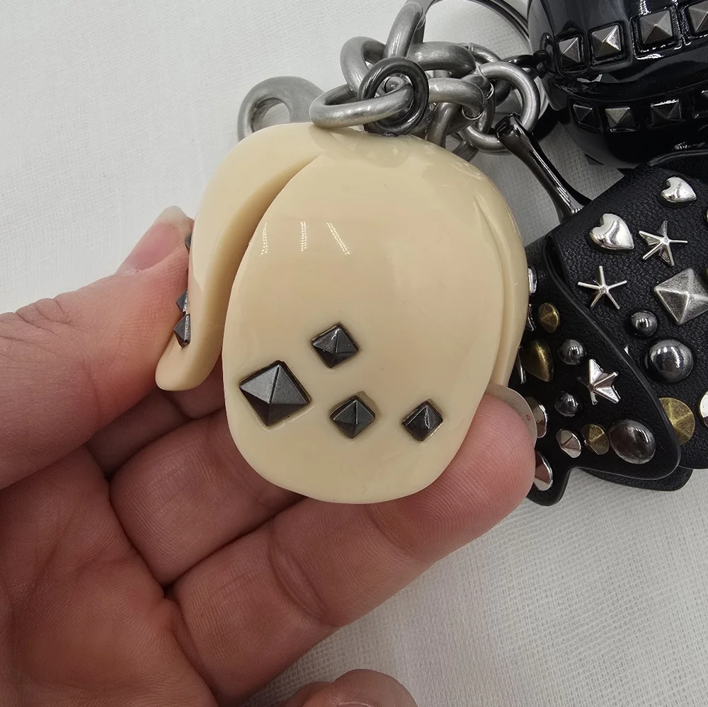 Coach Tea Rose Studded Bag Charm/  KeyRing, B & W, EUC - Picture 6 of 11